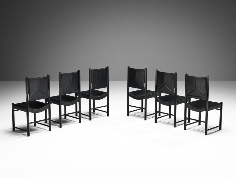 Italian Set of Six Dining Chairs in Black Upholstery with Black Frame