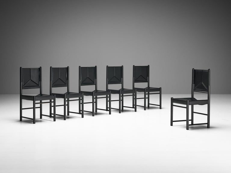 Italian Set of Six Dining Chairs in Black Upholstery with Black Frame