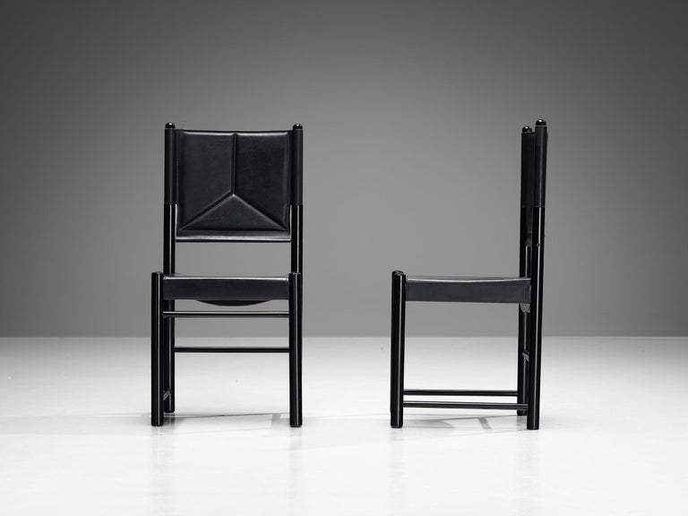 Italian Set of Six Dining Chairs in Black Upholstery with Black Frame