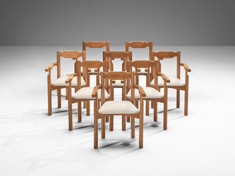 Rare Guillerme & Chambron Set of Eight Dining Chairs in Solid Oak and Mohair