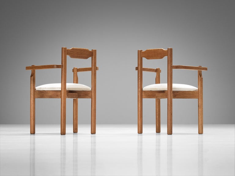 Rare Guillerme & Chambron Set of Eight Dining Chairs in Solid Oak and Mohair