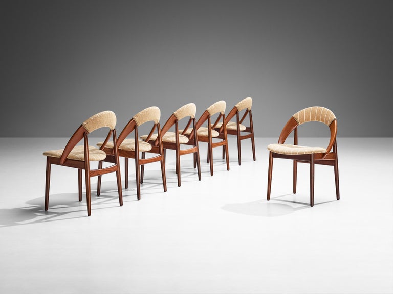 Arne Hovmand-Olsen Set of Six Dining Chairs in Teak & Striped Beige Fabric