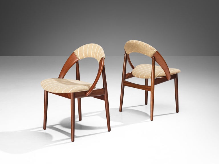 Arne Hovmand-Olsen Set of Six Dining Chairs in Teak & Striped Beige Fabric