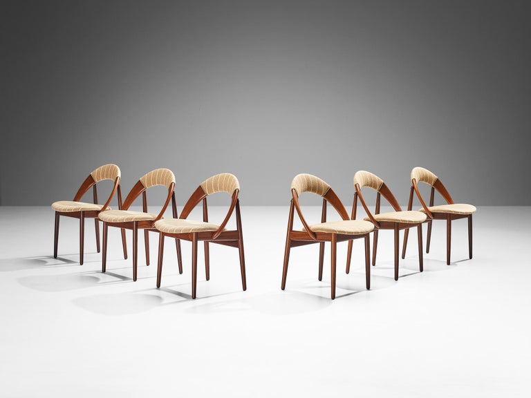 Arne Hovmand-Olsen Set of Six Dining Chairs in Teak & Striped Beige Fabric