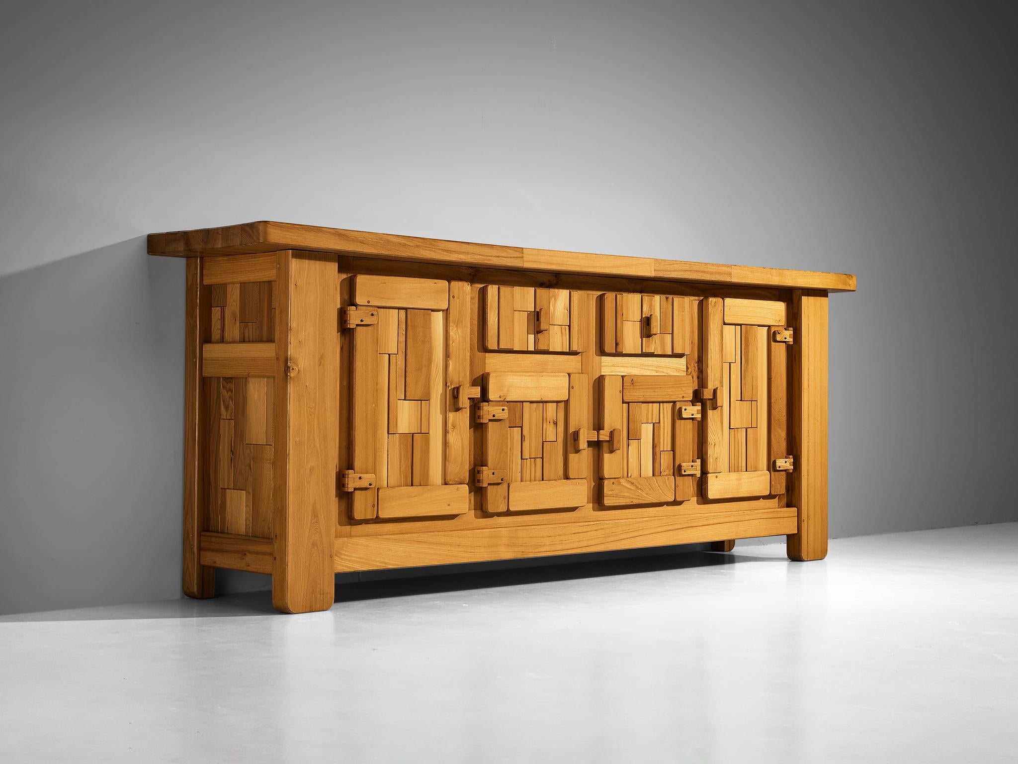 French Brutalist Sideboard with Graphic Doors in Solid Elm