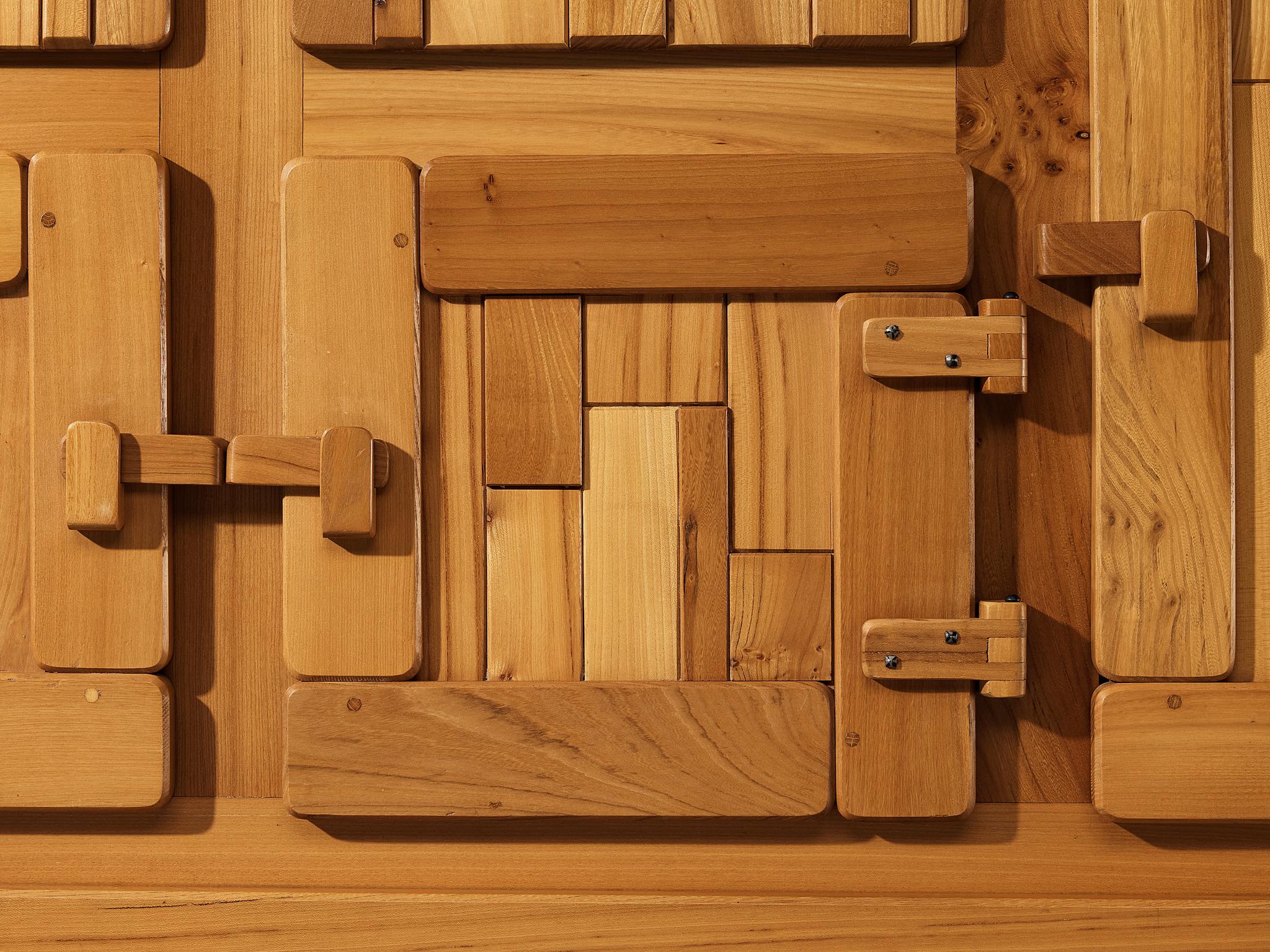 French Brutalist Sideboard with Graphic Doors in Solid Elm