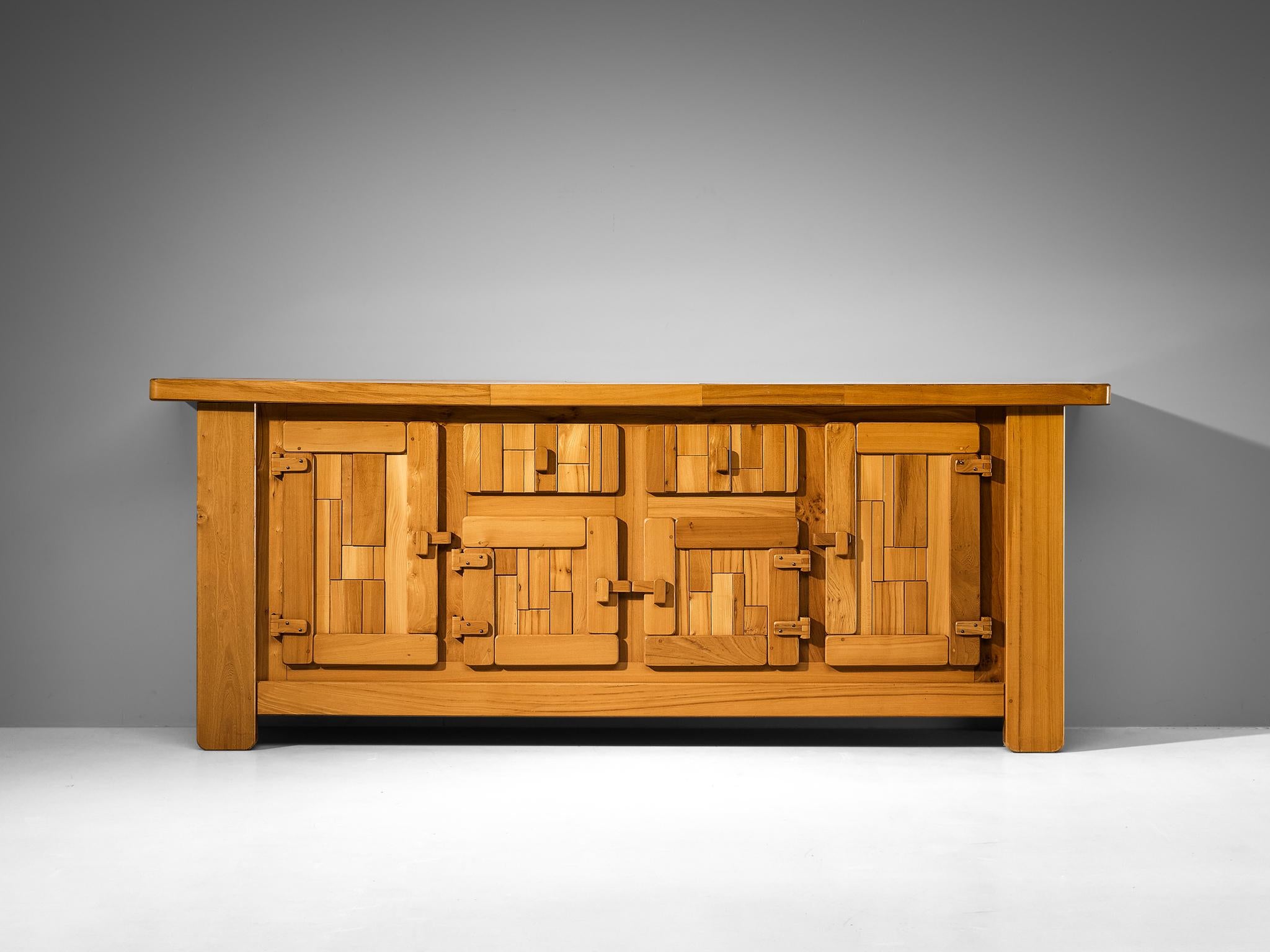 French Brutalist Sideboard with Graphic Doors in Solid Elm