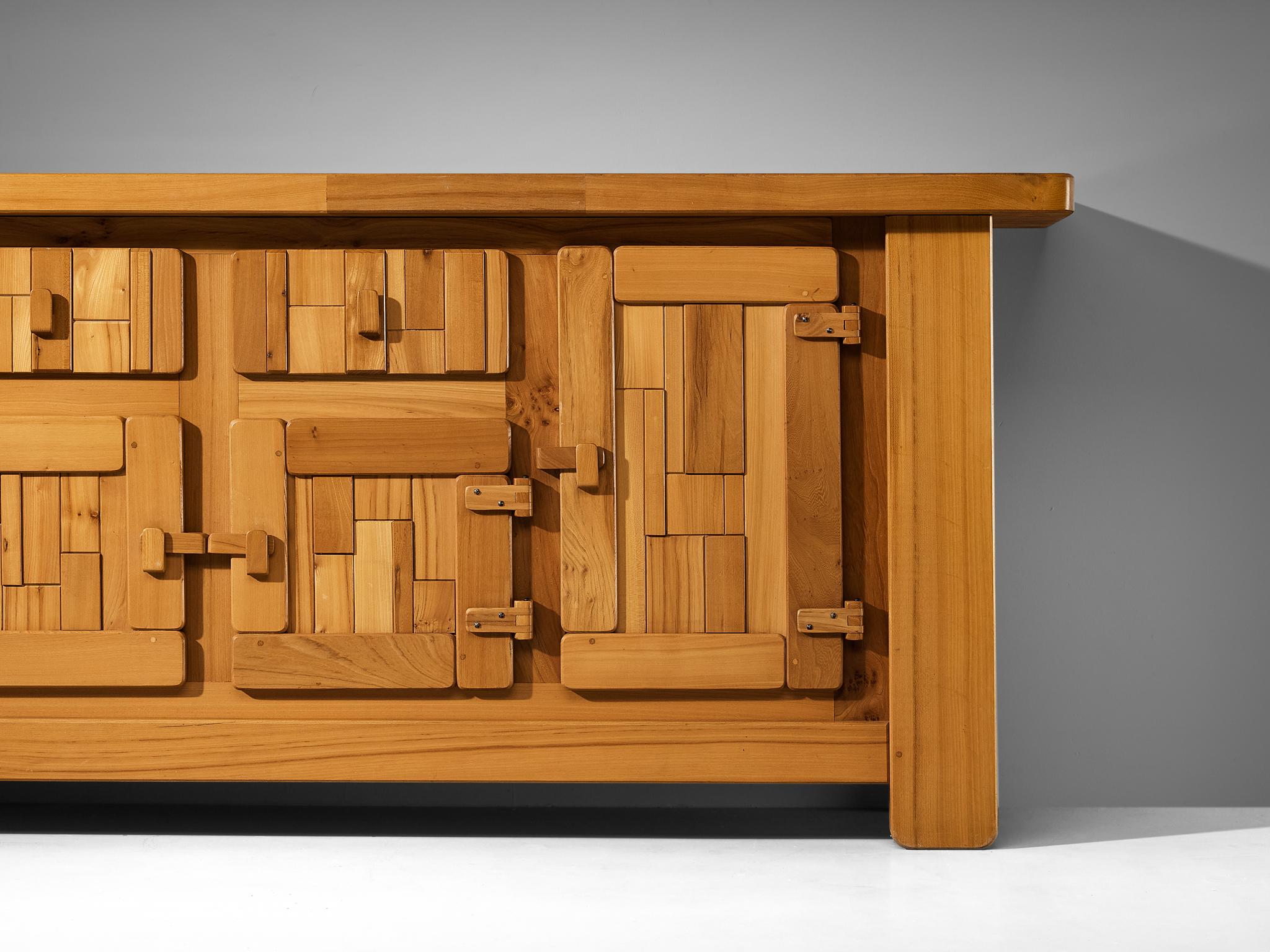 French Brutalist Sideboard with Graphic Doors in Solid Elm