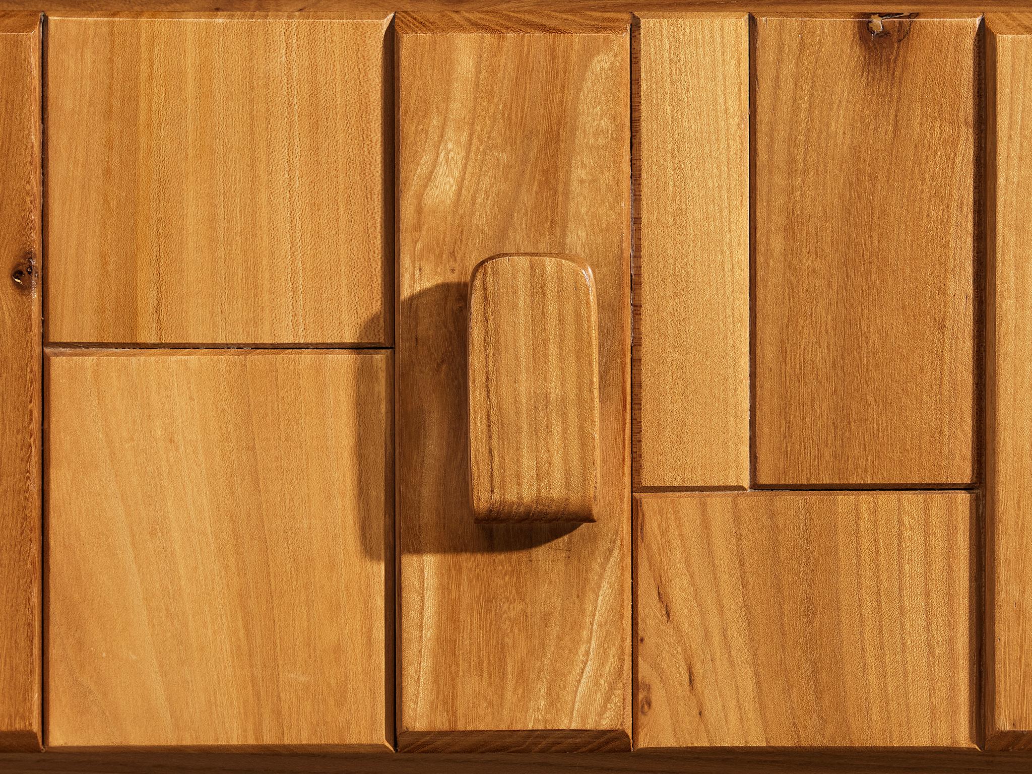 French Brutalist Sideboard with Graphic Doors in Solid Elm