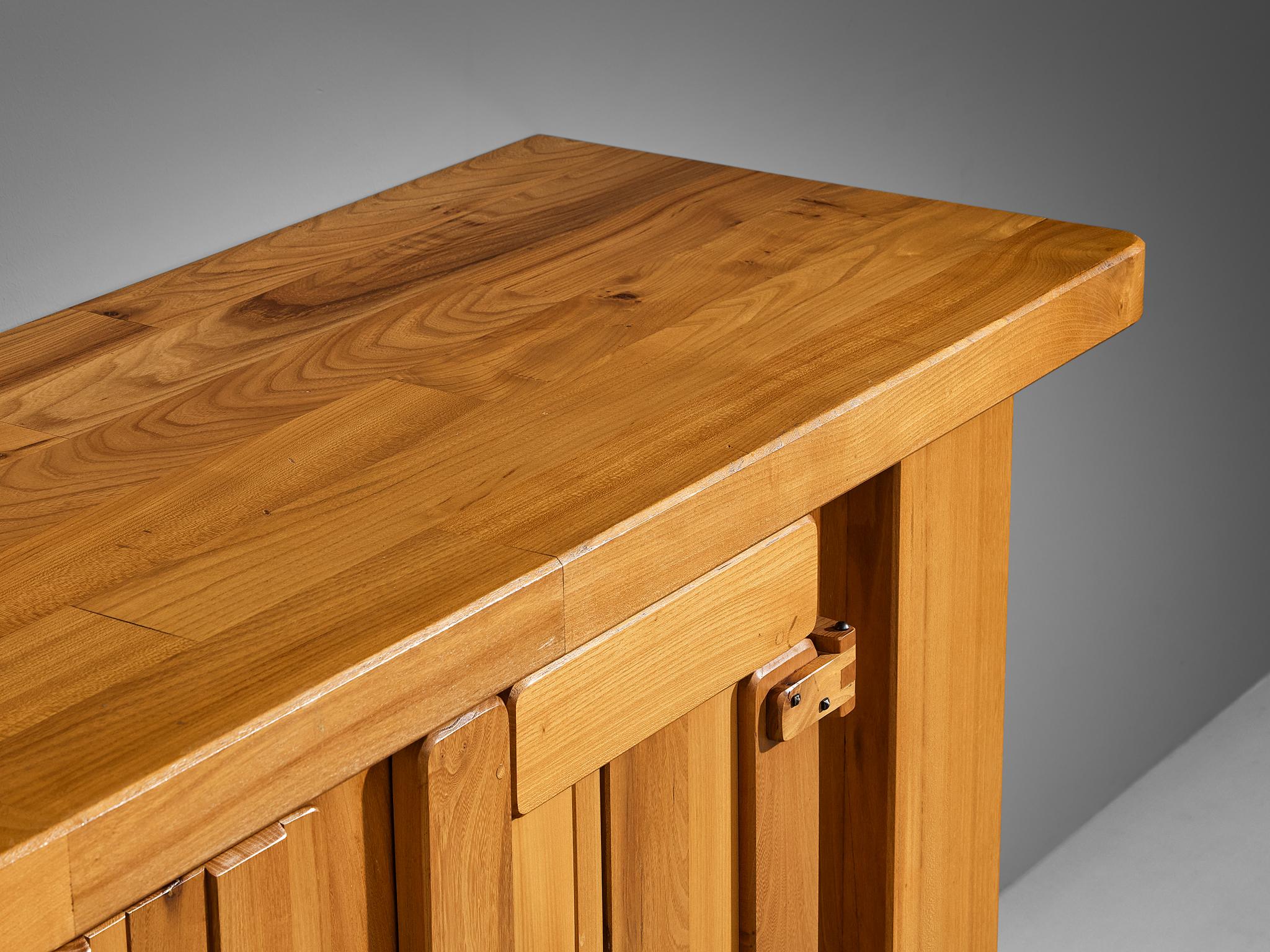 French Brutalist Sideboard with Graphic Doors in Solid Elm