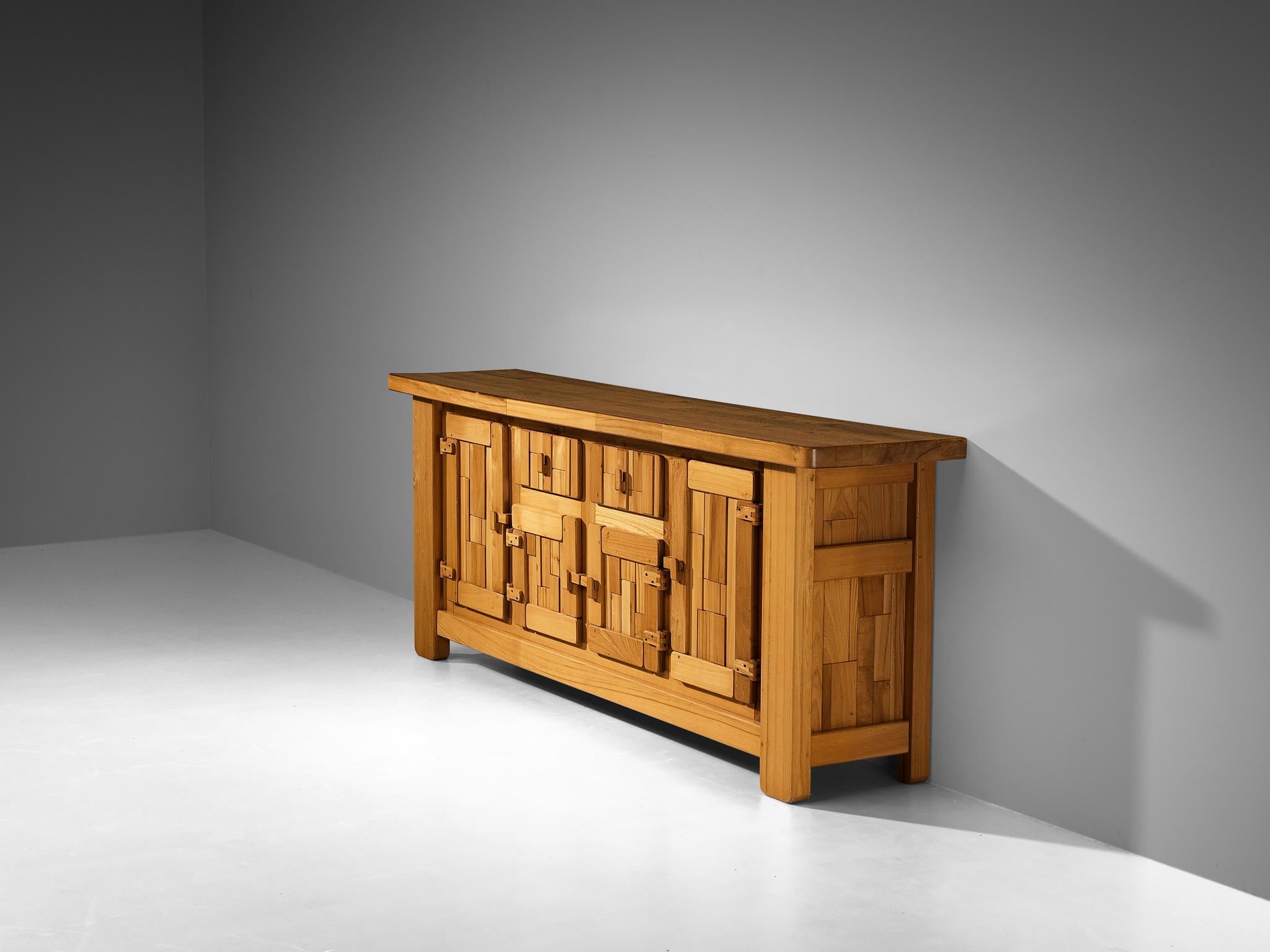 French Brutalist Sideboard with Graphic Doors in Solid Elm