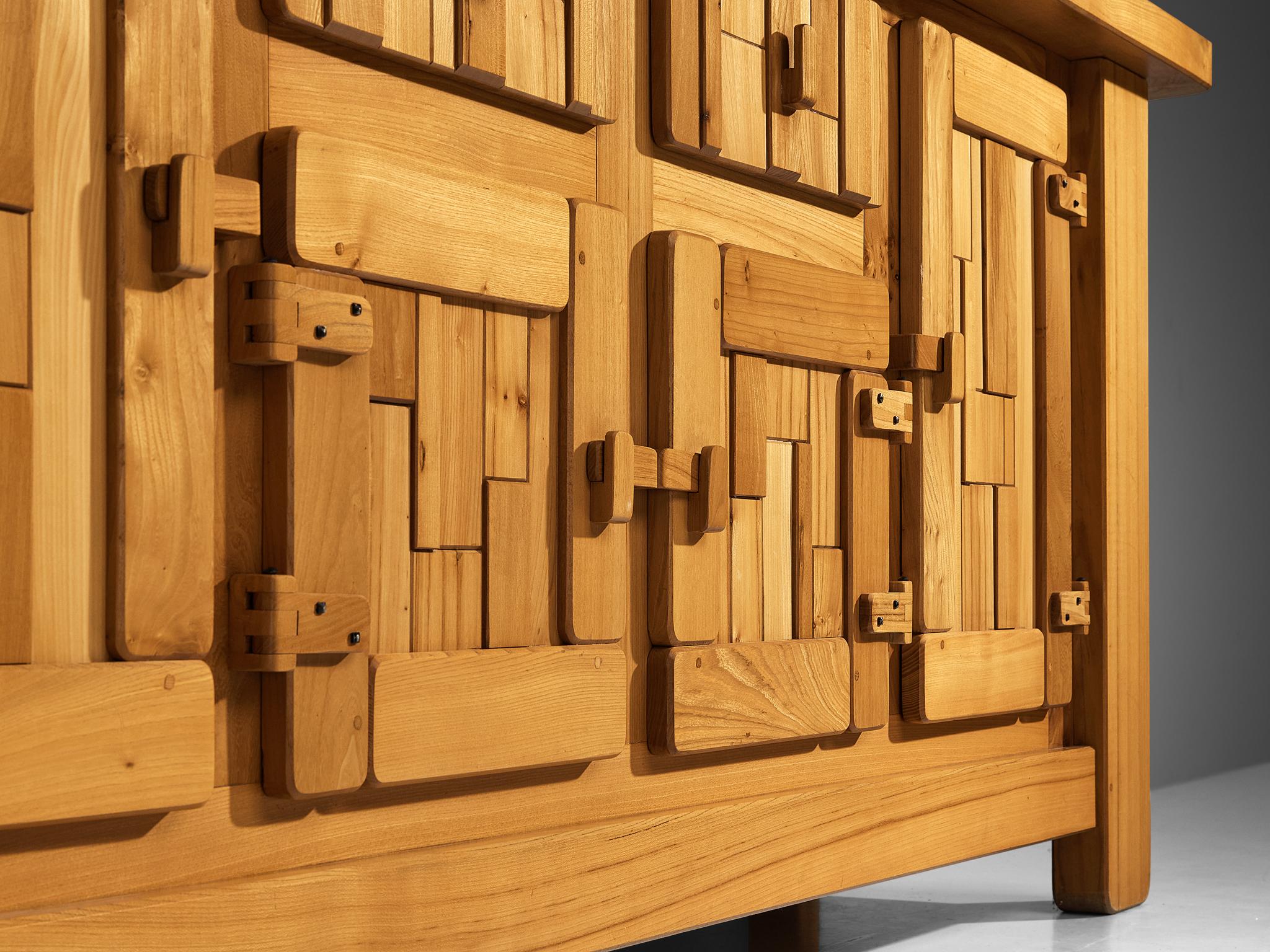 French Brutalist Sideboard with Graphic Doors in Solid Elm