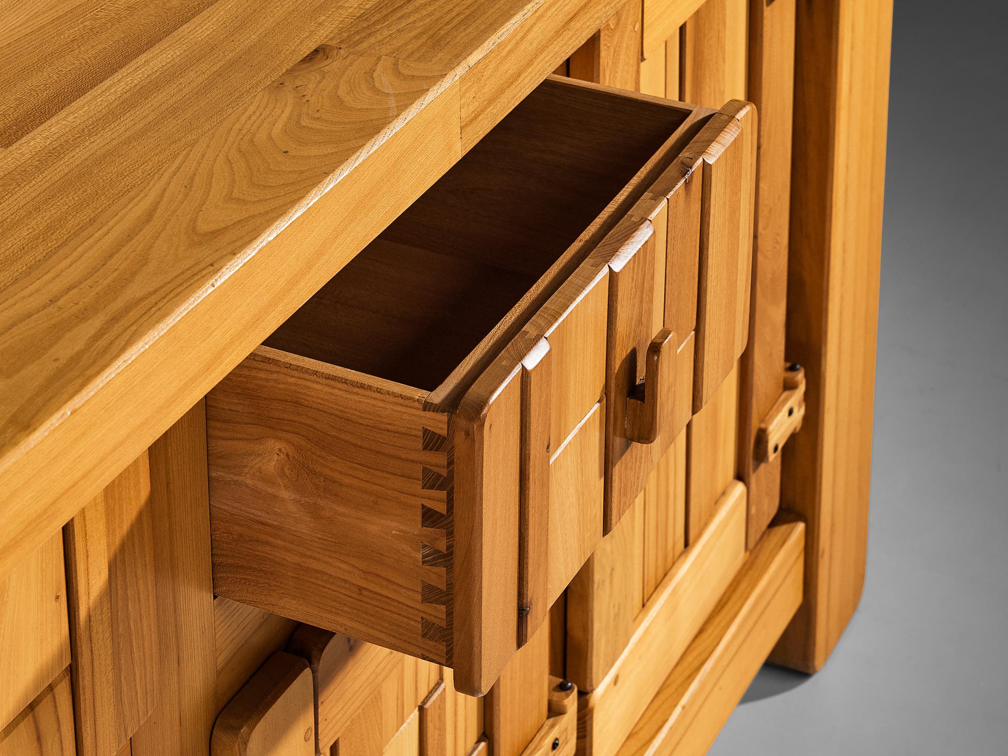 French Brutalist Sideboard with Graphic Doors in Solid Elm