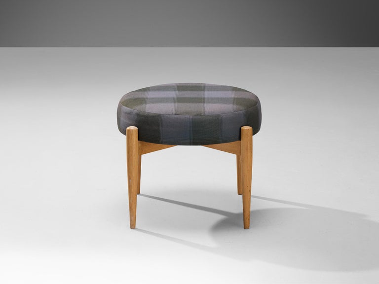 Danish Stool with Blond Wooden Frame and Checkered Upholstery