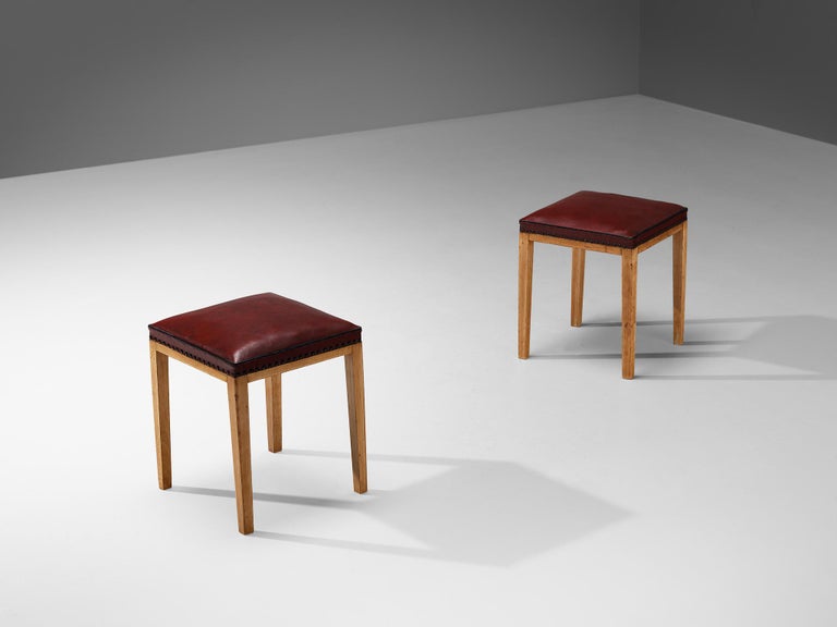 Danish Pair of Stools in Red Upholstery and Wood