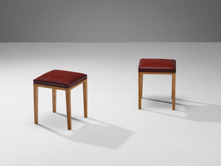 Danish Pair of Stools in Red Upholstery and Wood