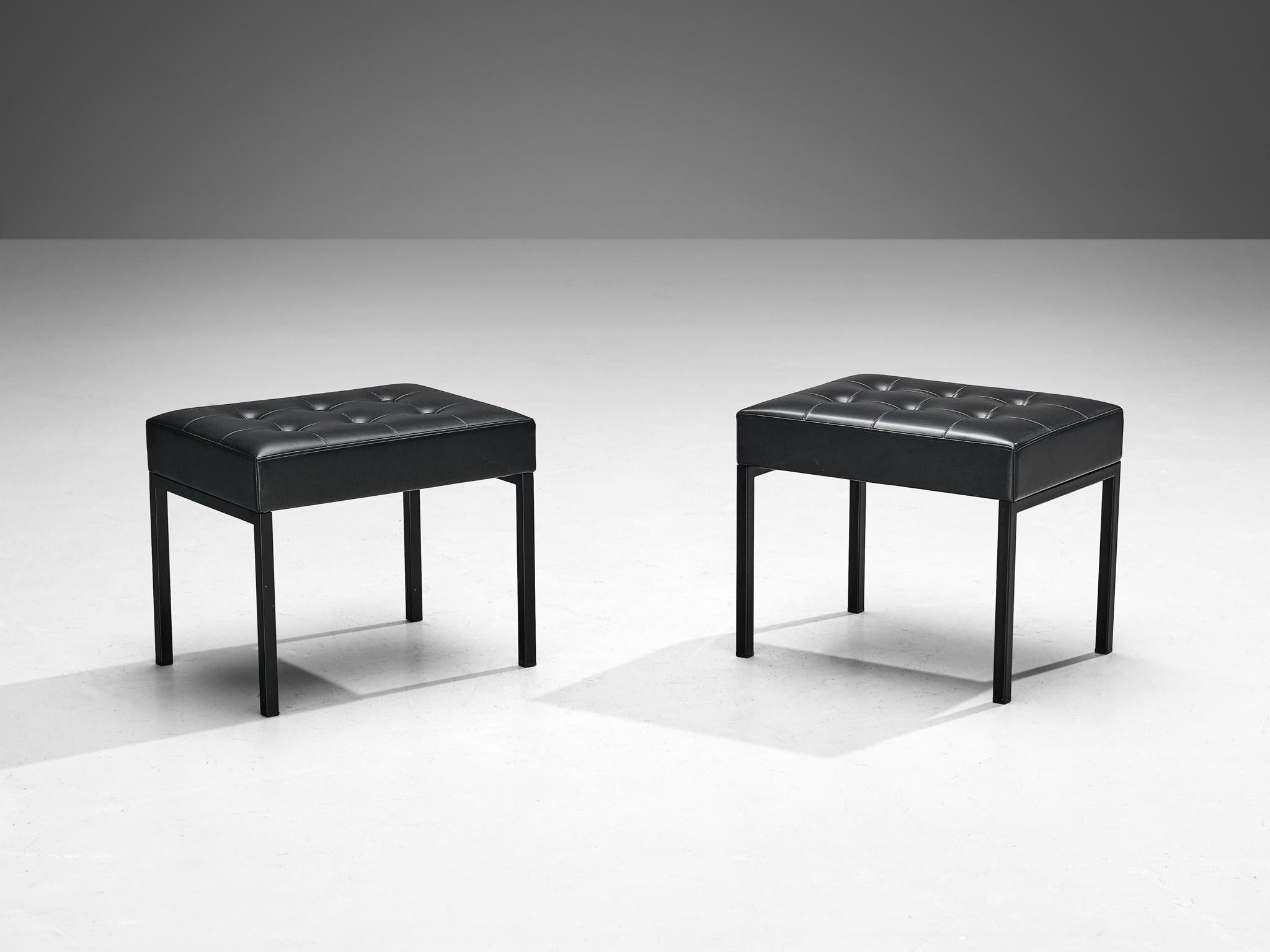 Pair of Minimalist Stools in Steel and Black Upholstery