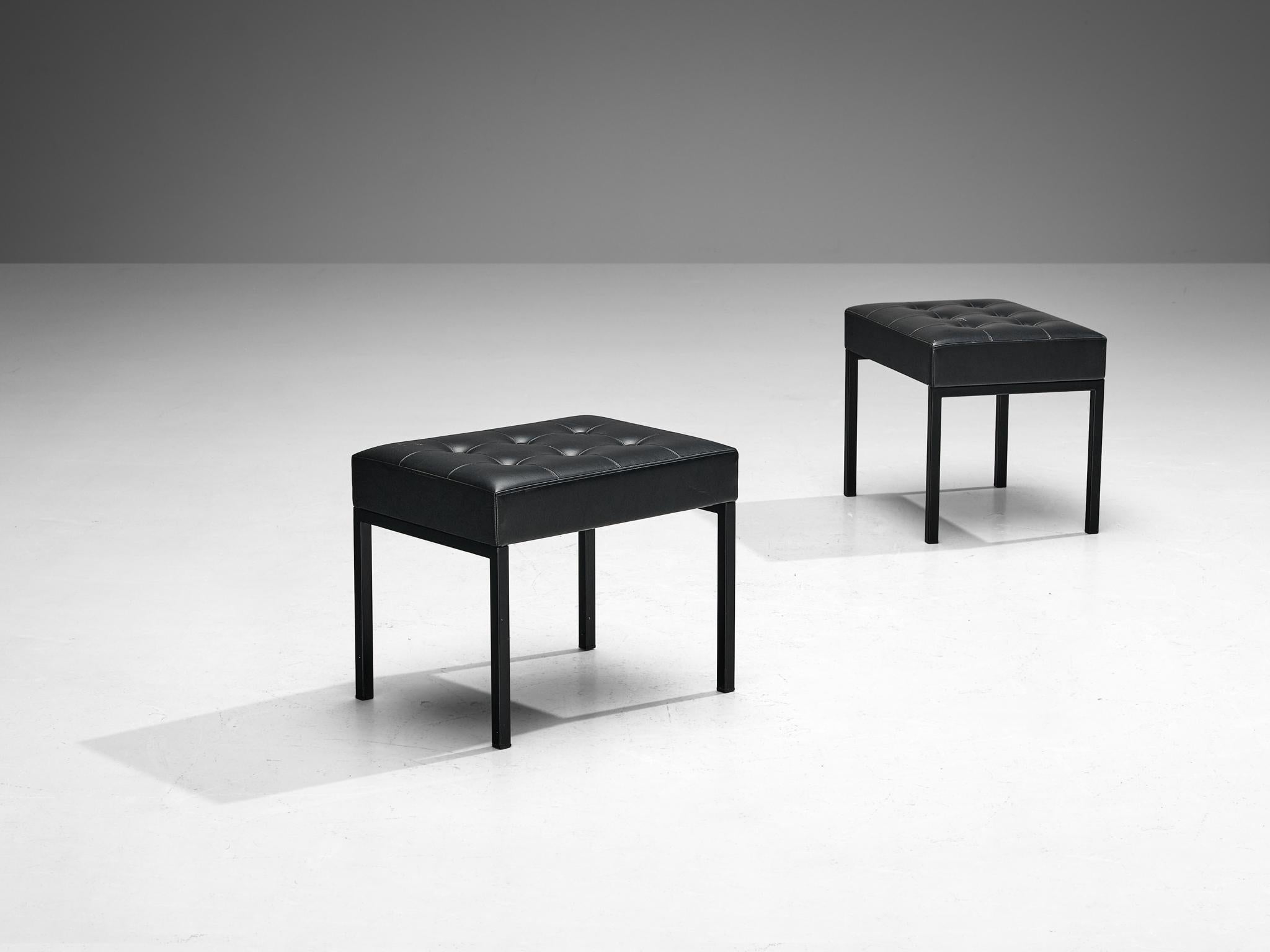 Pair of Minimalist Stools in Steel and Black Upholstery