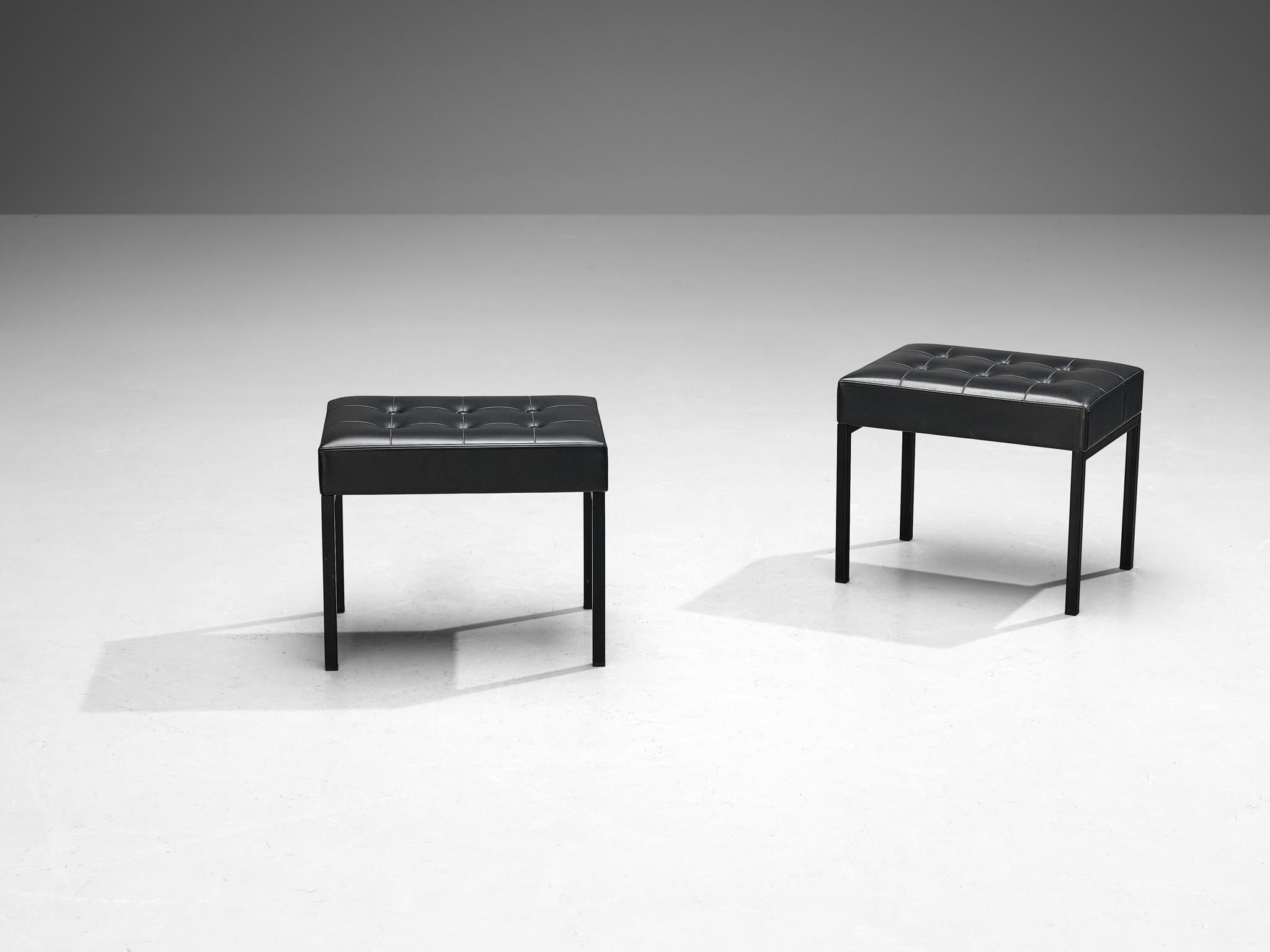 Pair of Minimalist Stools in Steel and Black Upholstery