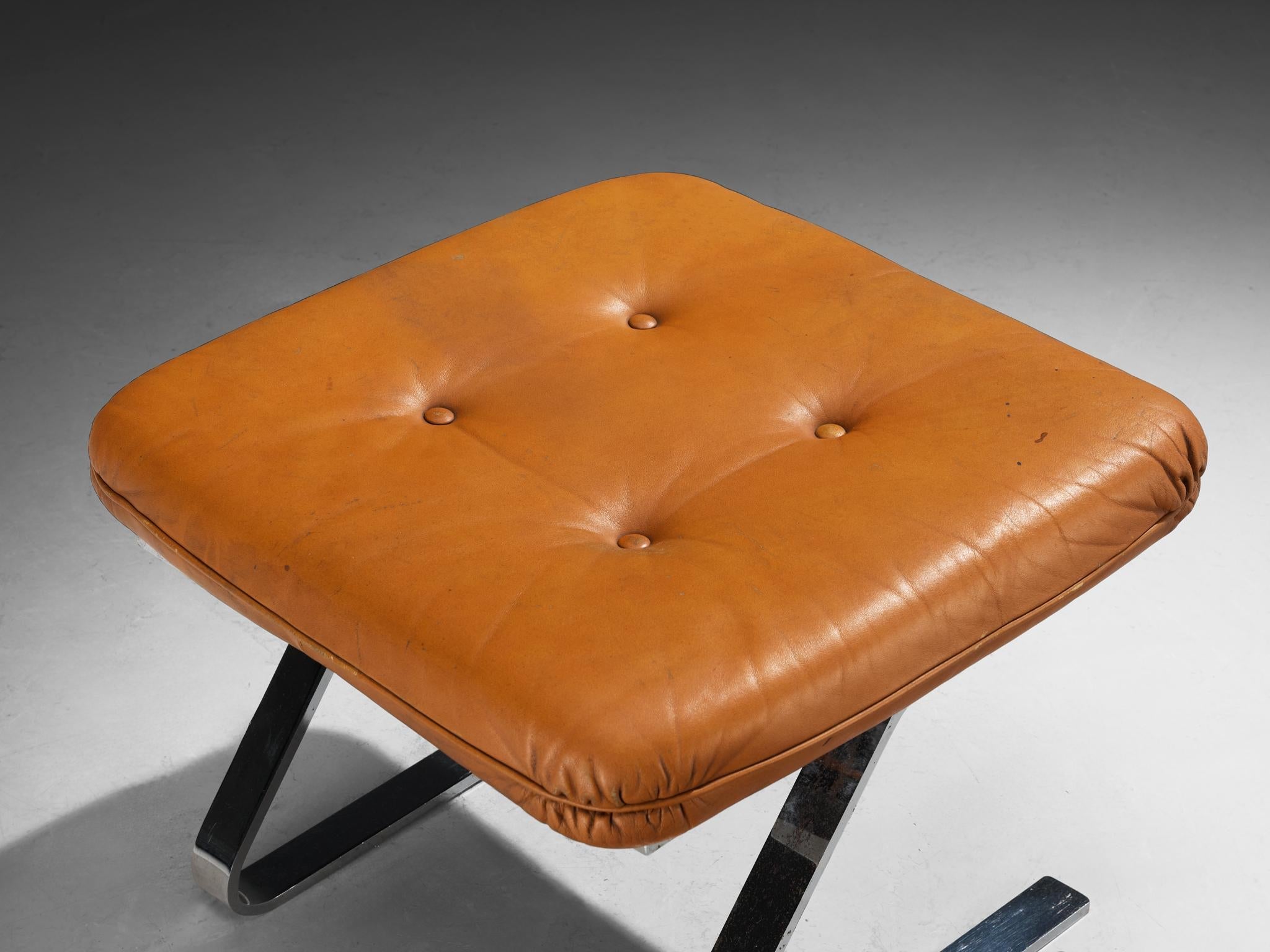 Ottoman in Cognac Leather and Chromed Metal Base