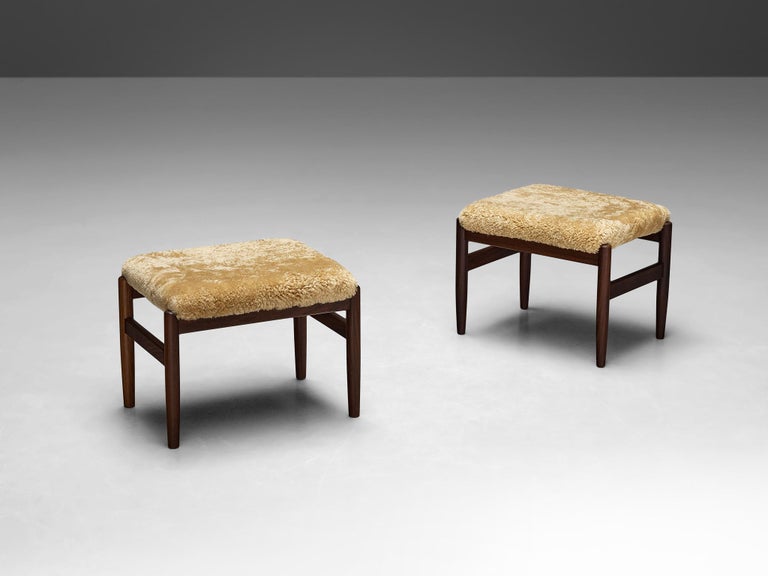 Scandinavian Stools in Teak and Shearling Upholstery