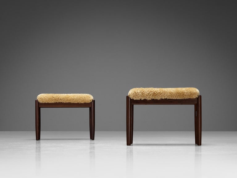 Scandinavian Stools in Teak and Shearling Upholstery