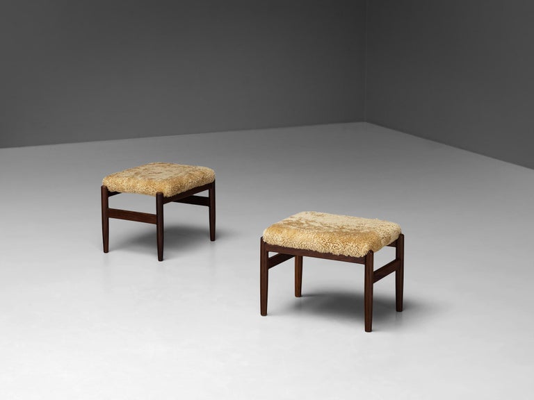 Scandinavian Stools in Teak and Shearling Upholstery