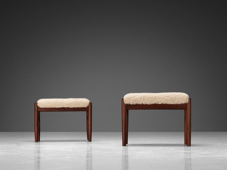 Scandinavian Stools in Teak and Shearling Upholstery