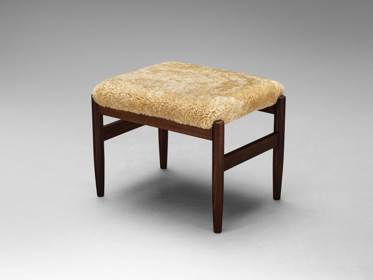 Scandinavian Stools in Teak and Shearling Upholstery