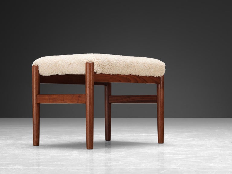 Scandinavian Stool in Teak and Shearling Upholstery