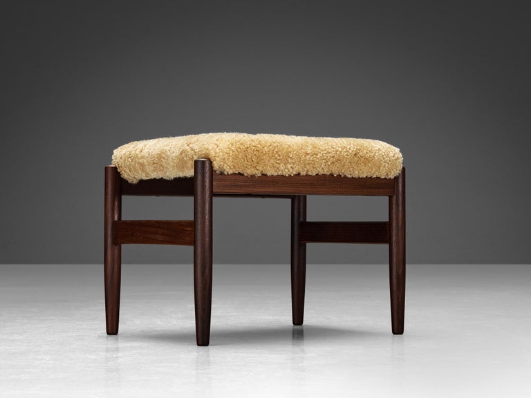 Scandinavian Stools in Teak and Shearling Upholstery