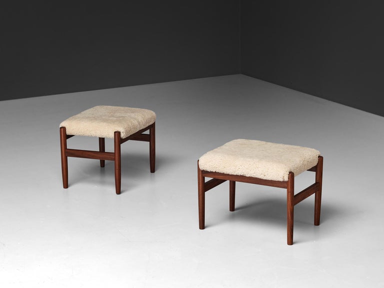 Scandinavian Stools in Teak and Shearling Upholstery