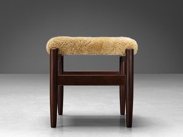 Scandinavian Stools in Teak and Shearling Upholstery