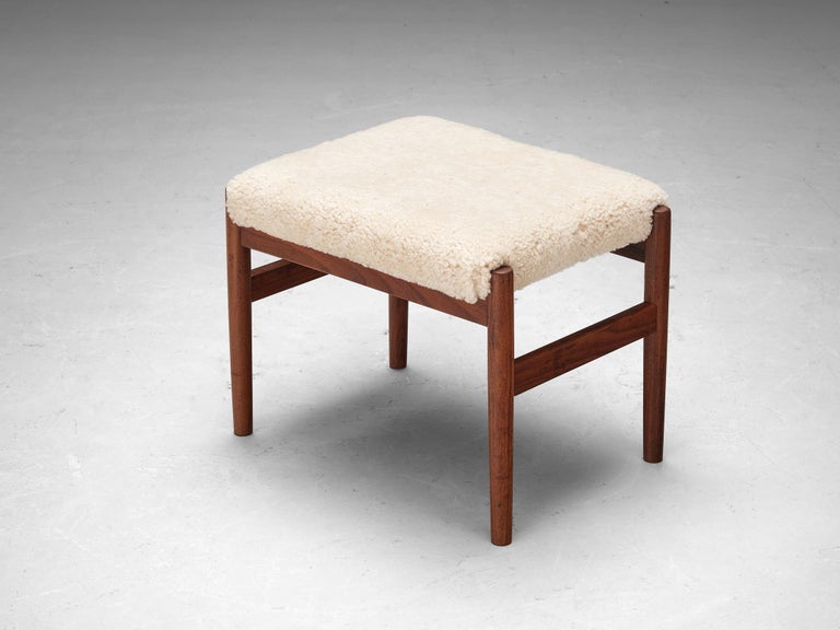 Scandinavian Stools in Teak and Shearling Upholstery