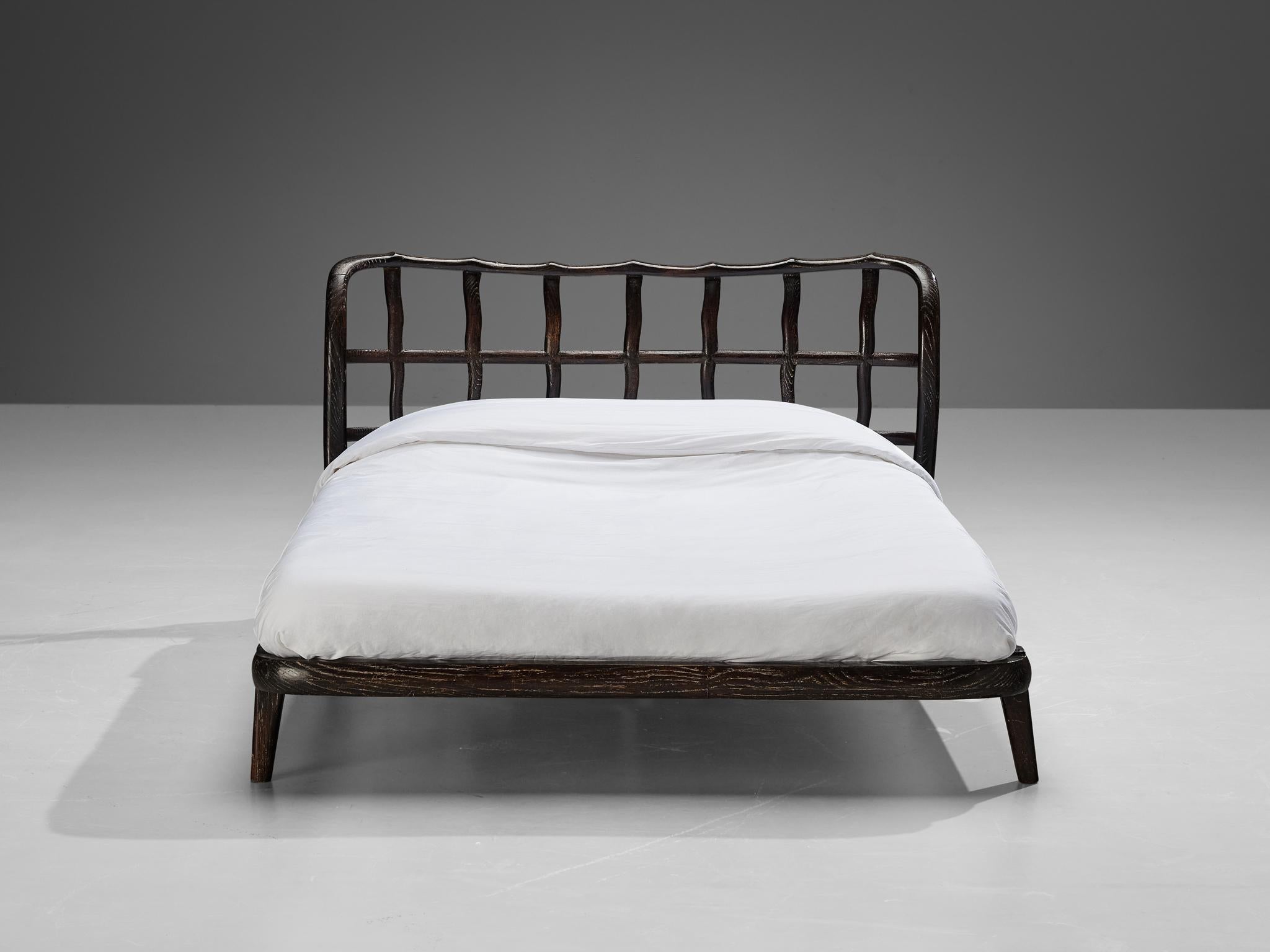 1940s Italian Double Bed with Carved Sculpted Frame in Cerused Chestnut