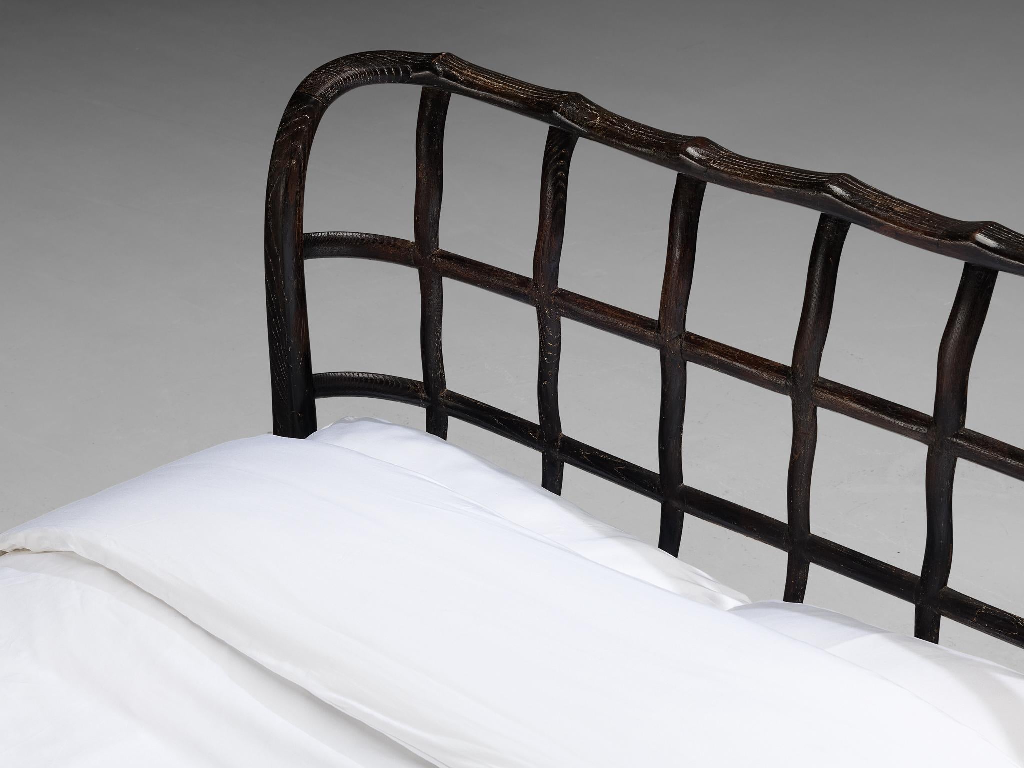 1940s Italian Double Bed with Carved Sculpted Frame in Cerused Chestnut