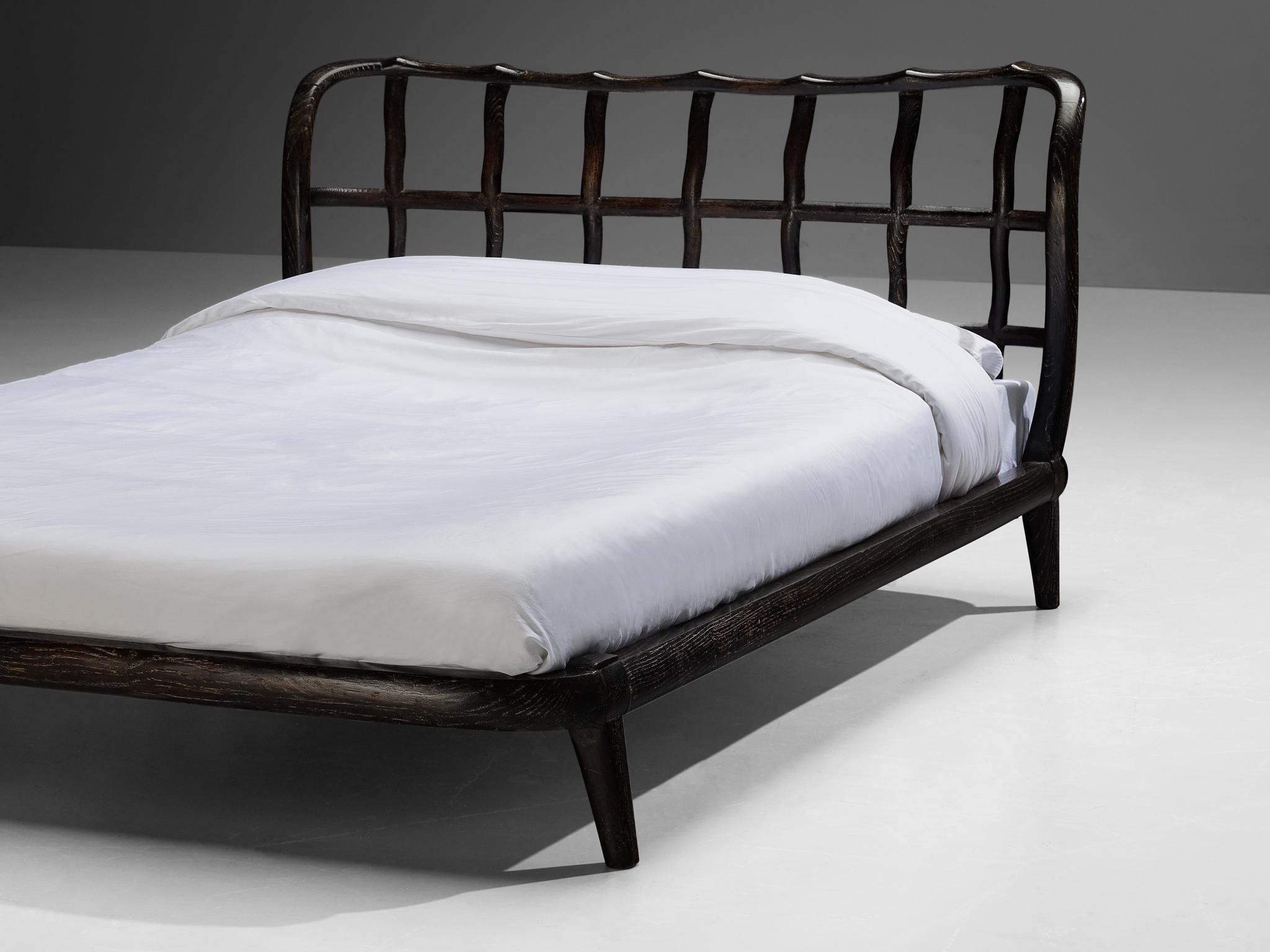 1940s Italian Double Bed with Carved Sculpted Frame in Cerused Chestnut