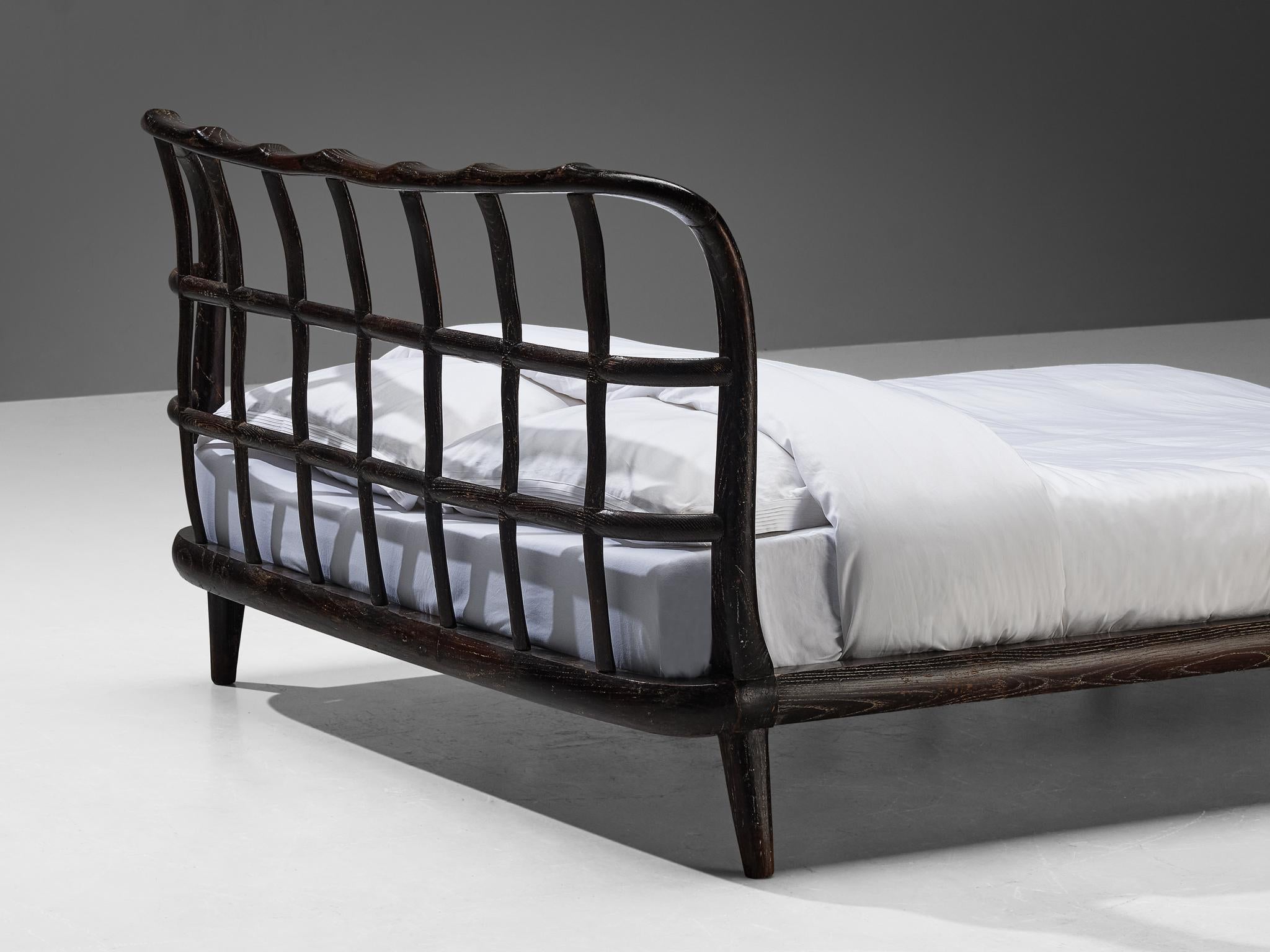 1940s Italian Double Bed with Carved Sculpted Frame in Cerused Chestnut