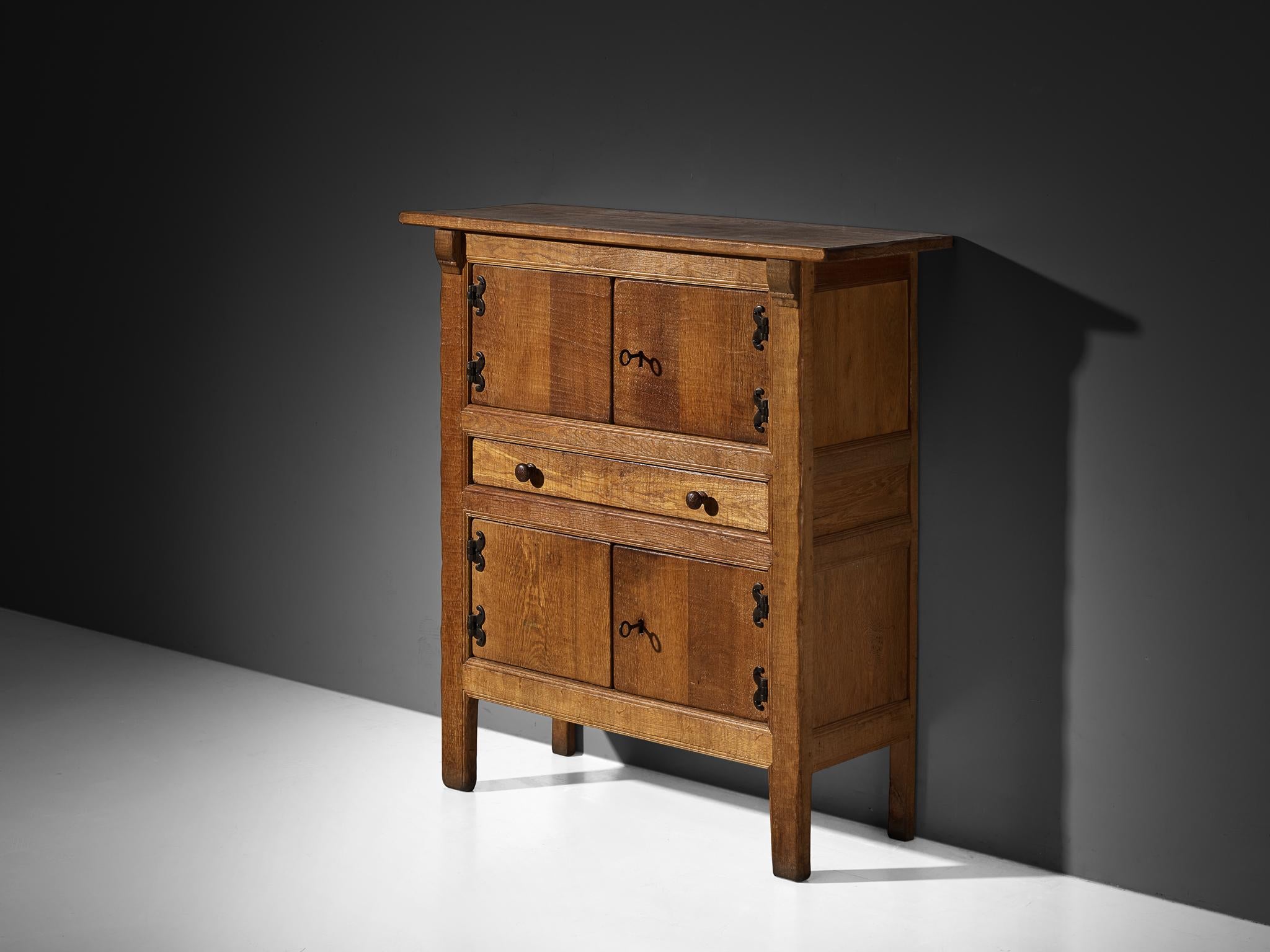 French Brutalist Cabinet in Solid Oak with Iron Decorative Elements