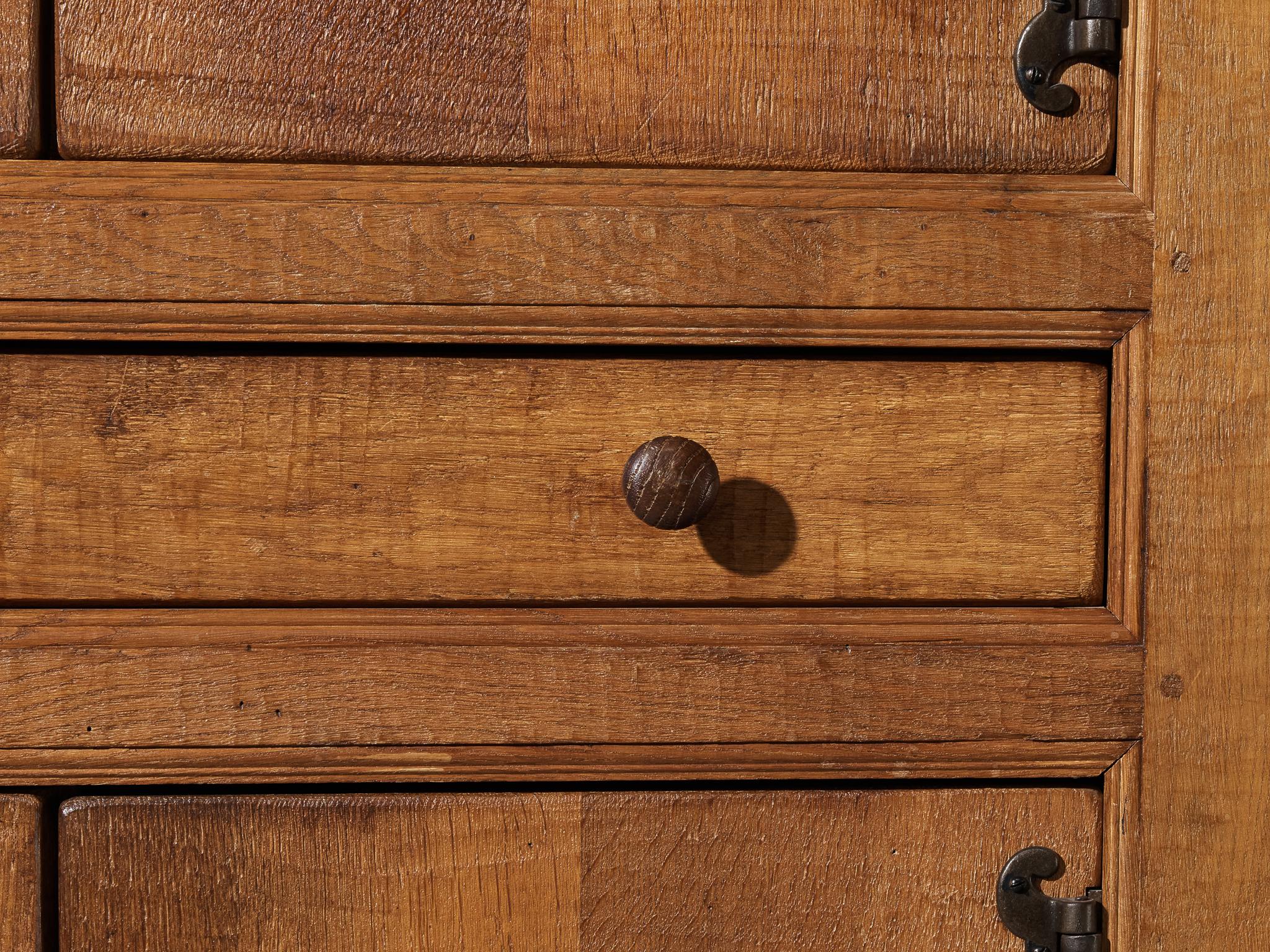 French Brutalist Cabinet in Solid Oak with Iron Decorative Elements