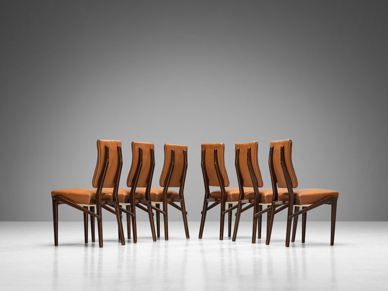 Unique Mario Oreglia Set of Six Dining Chairs with Sculptural Wooden Frame