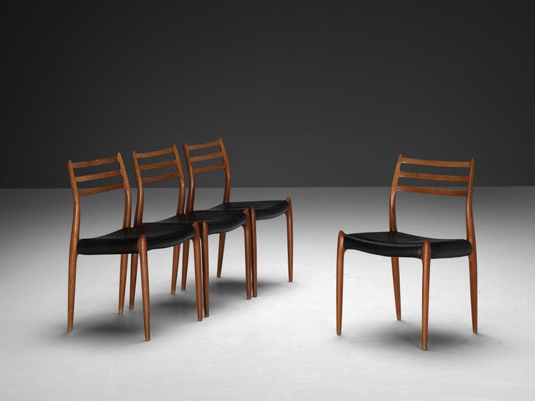 Niels Otto Møller Set of Four Dining Chairs in Teak and Leather