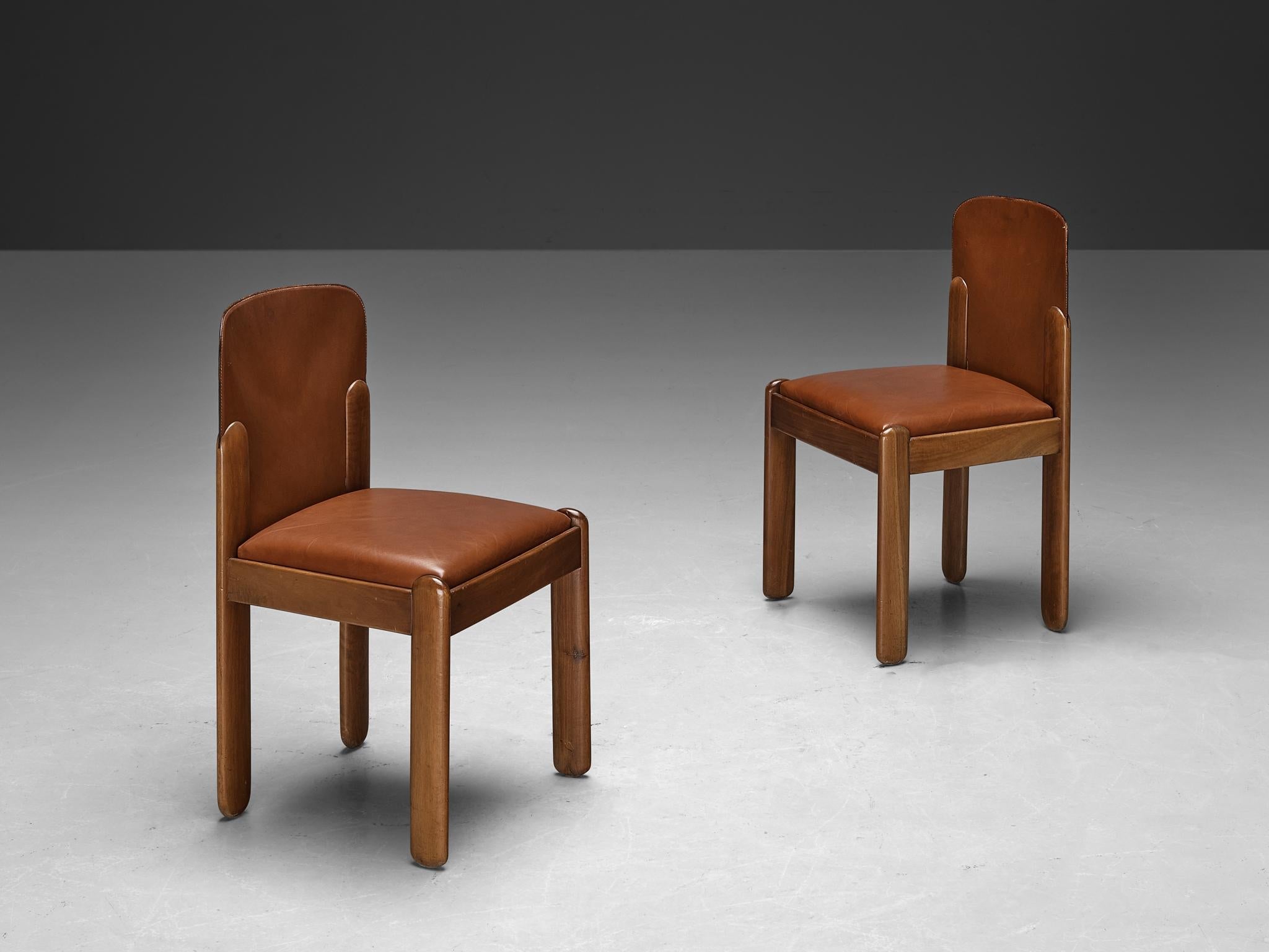 Silvio Coppola for Bernini Dining Chairs in Brown Leather and Walnut