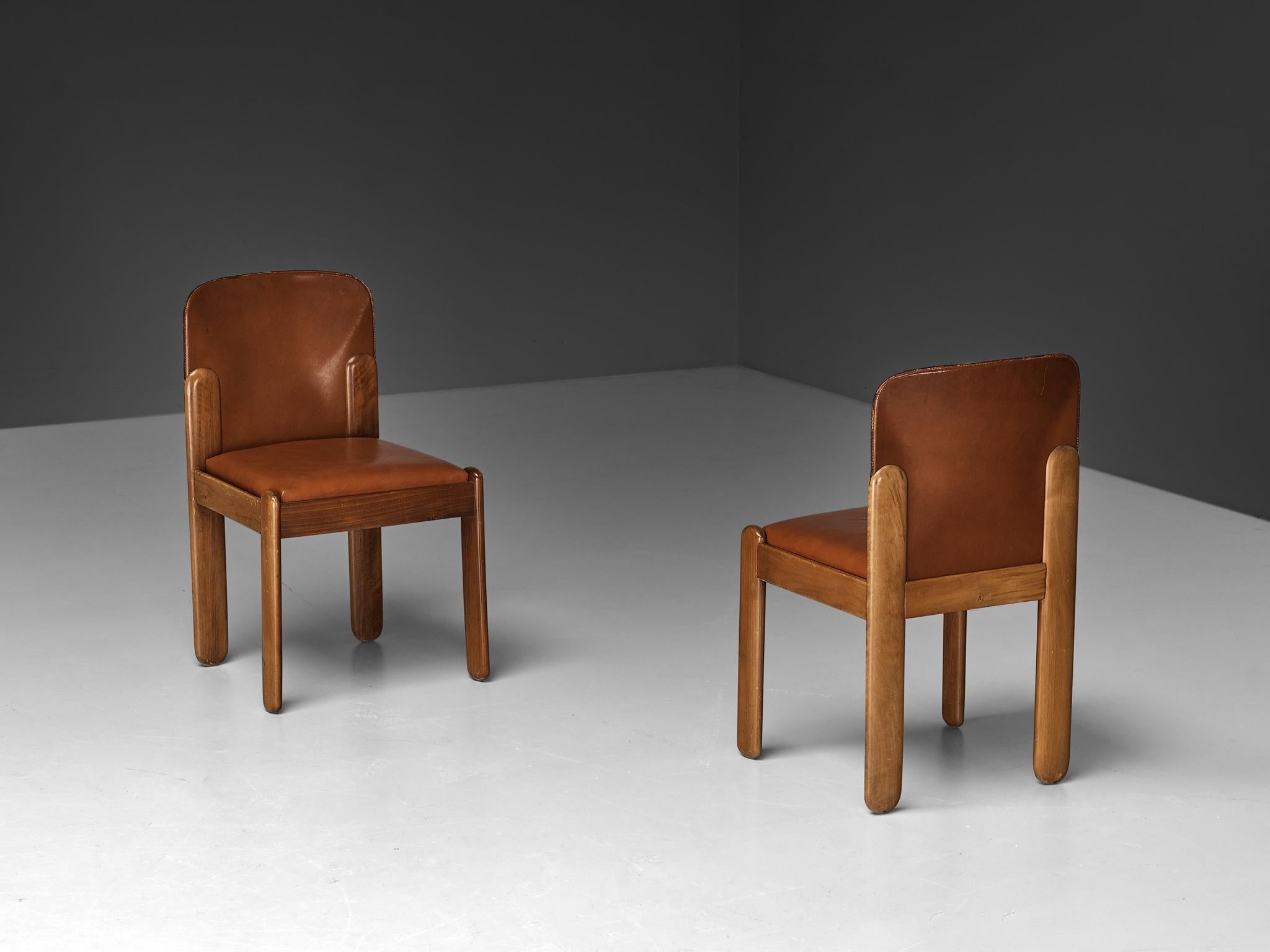 Silvio Coppola for Bernini Dining Chairs in Brown Leather and Walnut