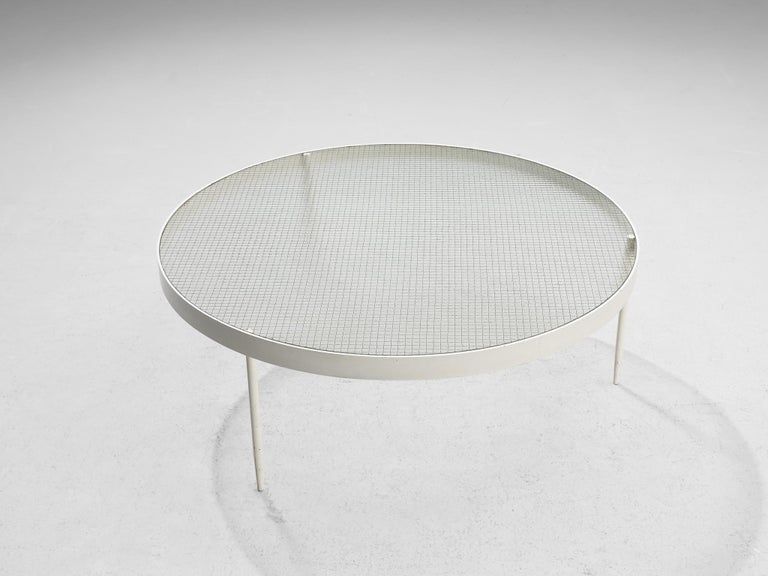 Janni Van Pelt Round Coffee Table in White Lacquered Metal and Wired Glass