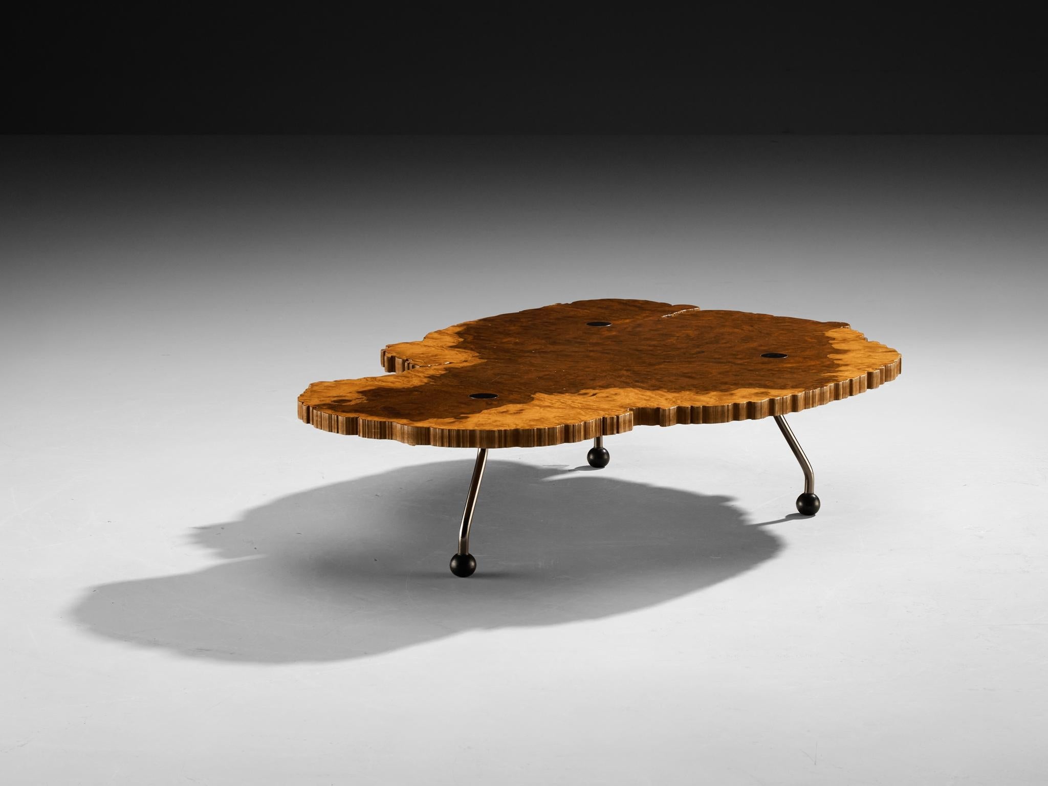 Rare Enzo Testa for Bernini Coffee Table in Walnut Briar Burl and Steel