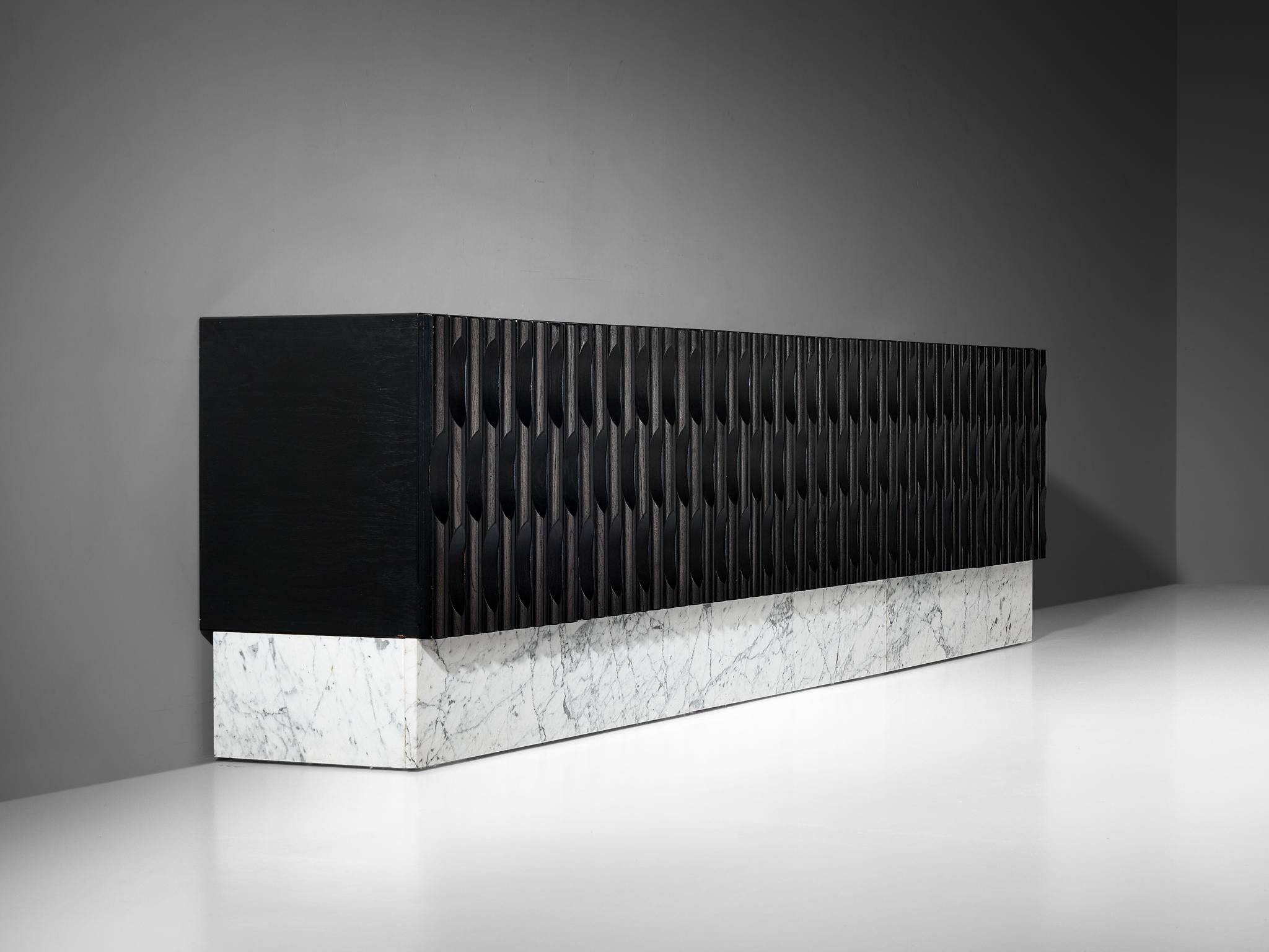 Brutalist Sideboard in Marble and Black Lacquered Oak