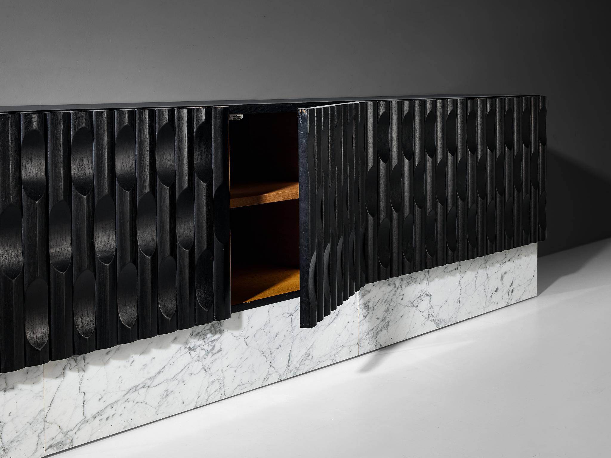 Brutalist Sideboard in Marble and Black Lacquered Oak