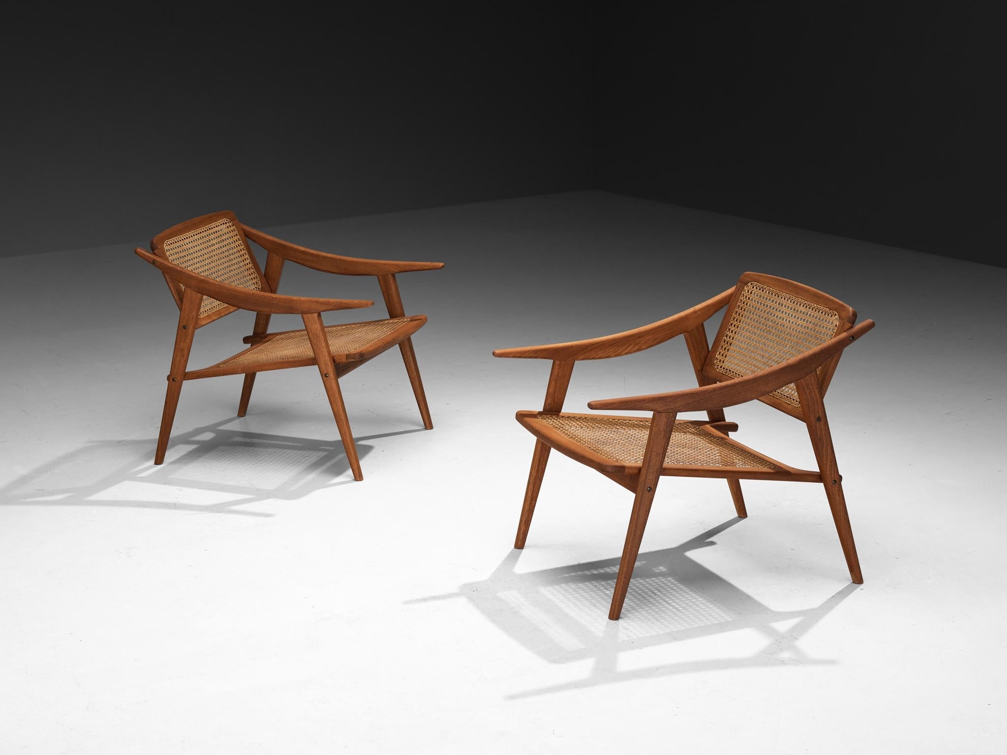 Michel Ducaroy for SNA Roset Pair of Lounge Chairs in Teak and Cane