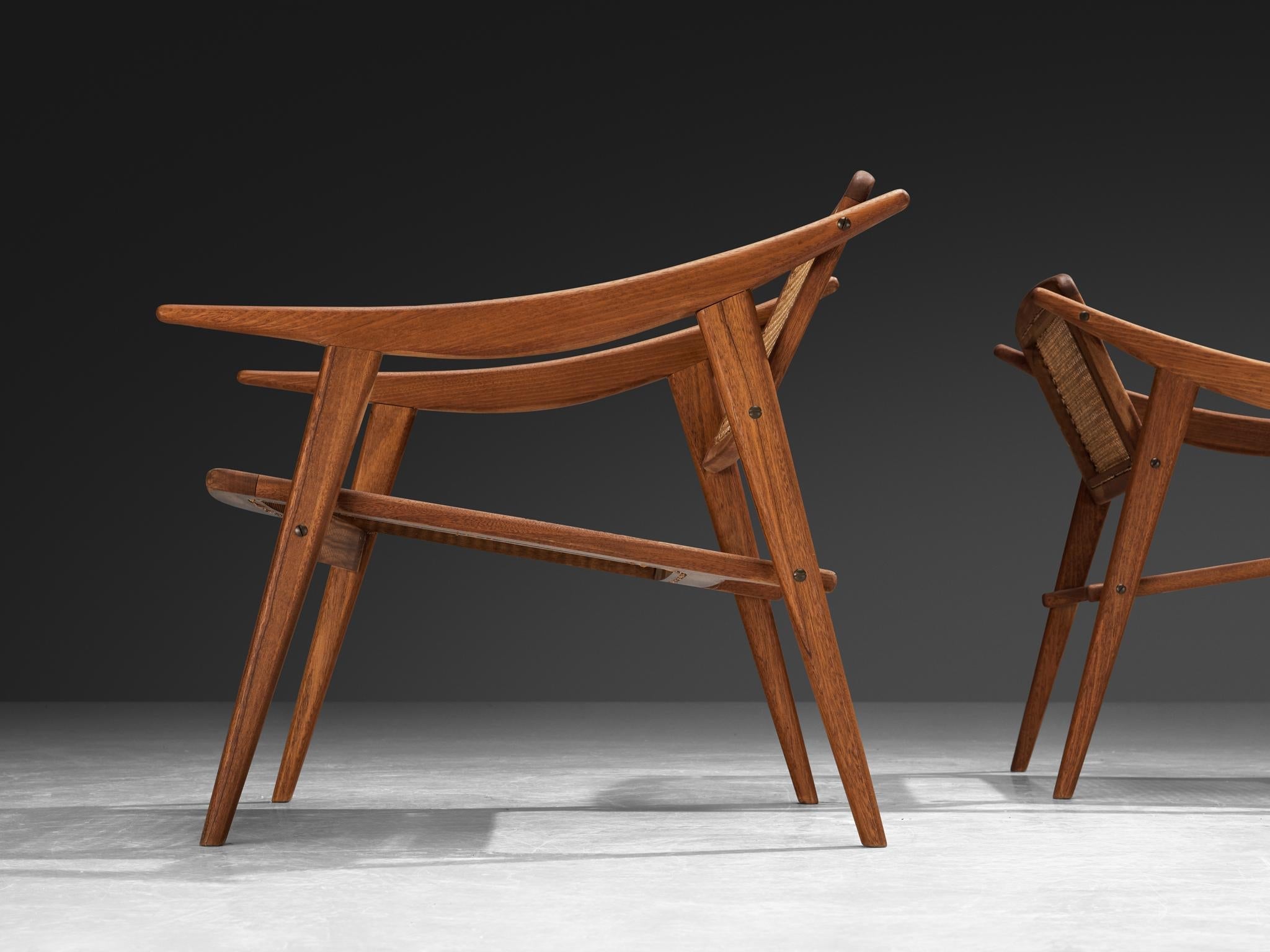 Michel Ducaroy for SNA Roset Pair of Lounge Chairs in Teak and Cane